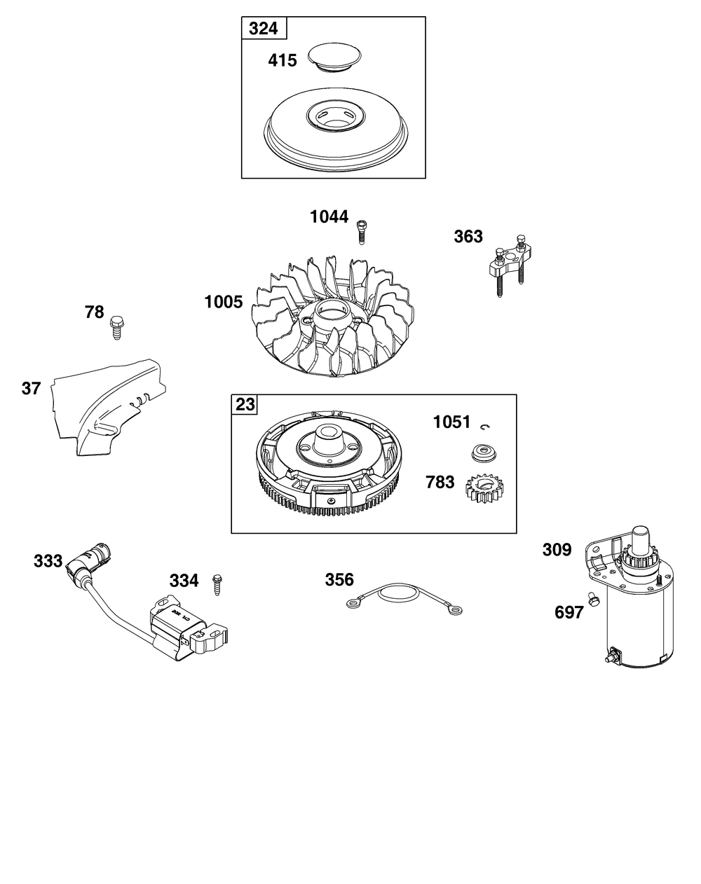 Flywheel, Ignition, And Starter Group Diagram and Parts List for 31Q507-0017-H5 200000 - 399999 Briggs and Stratton Engine
